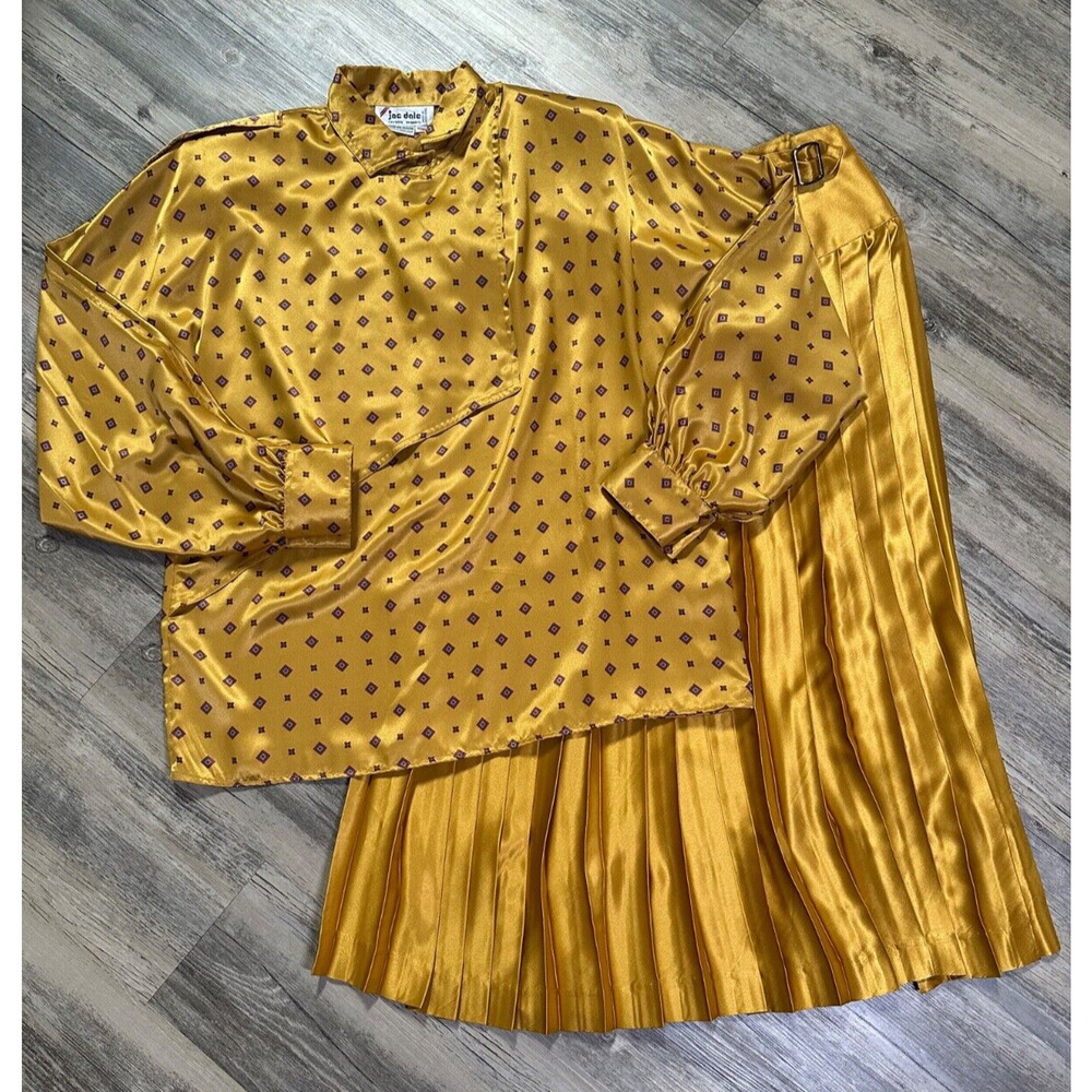 Vtg Jac Dale Gold Blouse & Pleated Skirt Outfit Yellow Satin 70s 80s Size 10/40